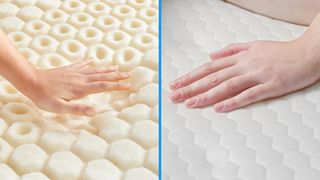 A split screen of a woman's hand testing the cooling properties of the Molecule CopperWELL Topper vs Bear GlacioTex Mattress Protector