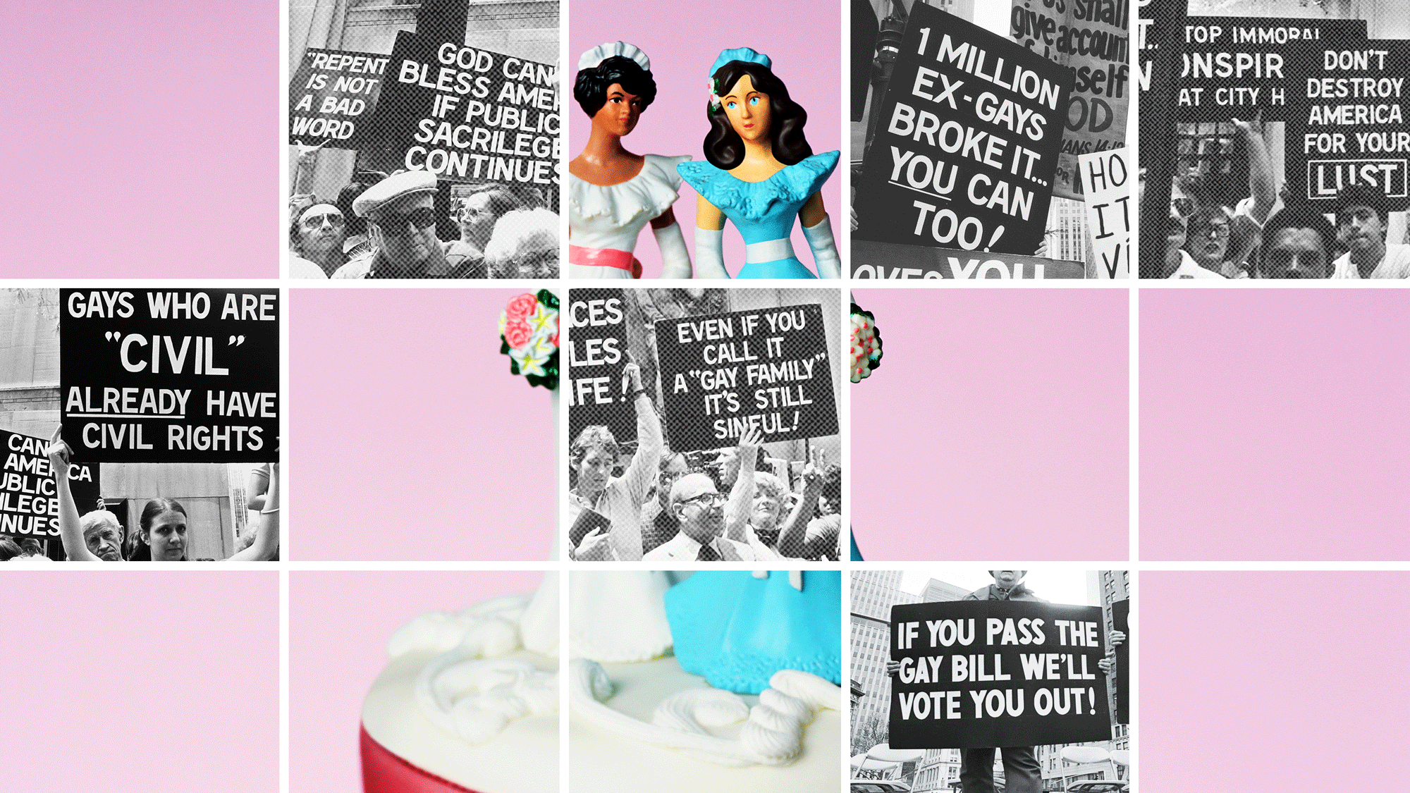 An artistic collage of a wedding cake with two brides as the figurines, mixed with a collage of an LGTBQ+ rights protest.