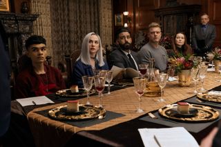 Sauriyan Sapkota as Prospero Usher, Kate Siegel as Camille L'Espanaye, Rahul Kohli as Napoleon Usher, Matt Biedel as Bill-T Wilson, Samantha Sloyan as Tamerlane Usher, Mark Hamill as Arthur Pym in episode 101 of The Fall of the House of Usher.