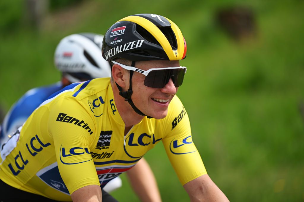BOISSETSAINTPRIEST FRANCE JUNE 06 Remco Evenepoel of Belgium and Team Soudal QuickStep Yellow leader jersey competes during the 76th Criterium du Dauphine 2024 Stage 5 a 167km stage from Amplepuis to SaintPriest UCIWT on June 06 2024 in BoissetSaintPriest France Photo by Dario BelingheriGetty Images