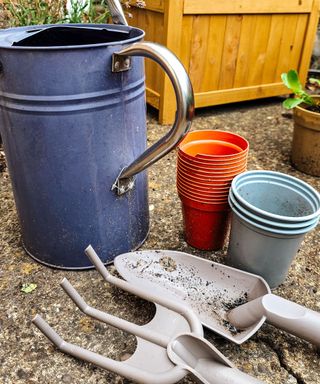 A purple watering can with two stacks of plant pots next to it and a small gardening shovel and rake next to it