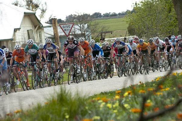 The peloton make their way around the 1.3km street circuit in Lake Boga.