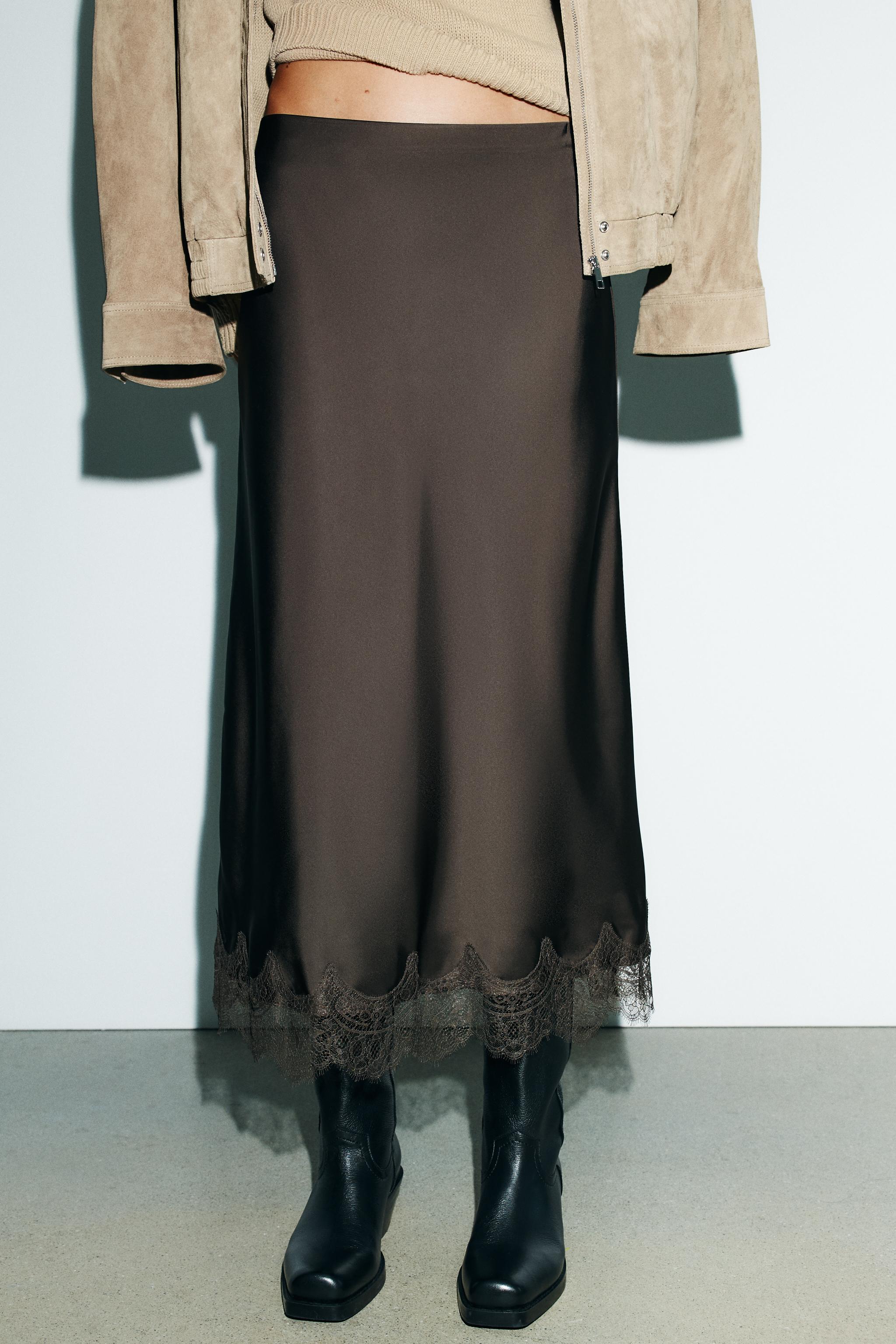 Satin Effect Lace Midi Skirt