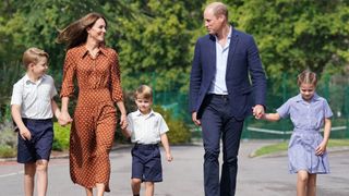 Prince William, Princess of Wales, Prince George, Princess Charlotte and Prince Louis at Lambrook School