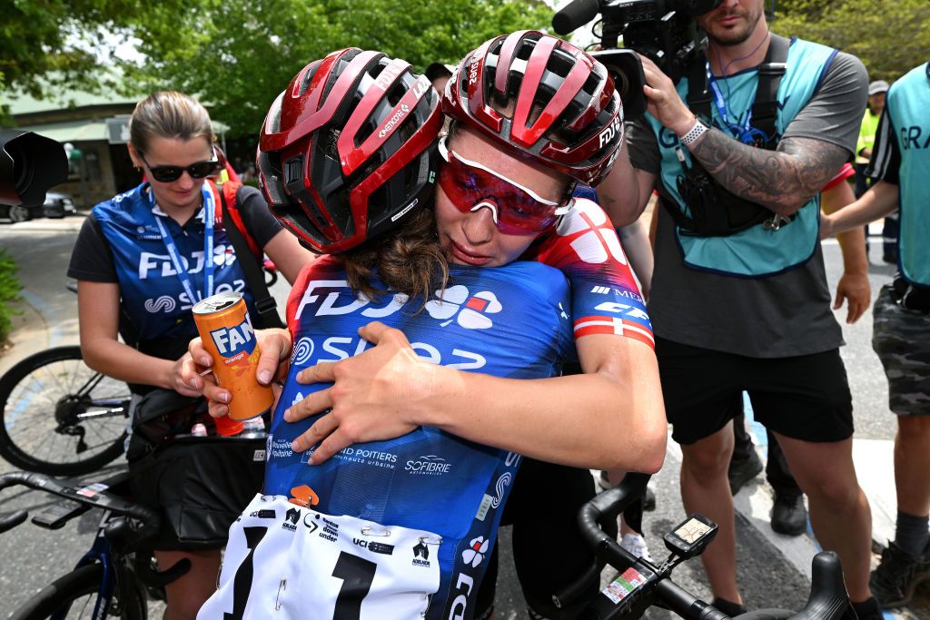 Stage winner Cecilie Uttrup Ludwig are her FDj-Suez teammate Grace Brown hug after the stage