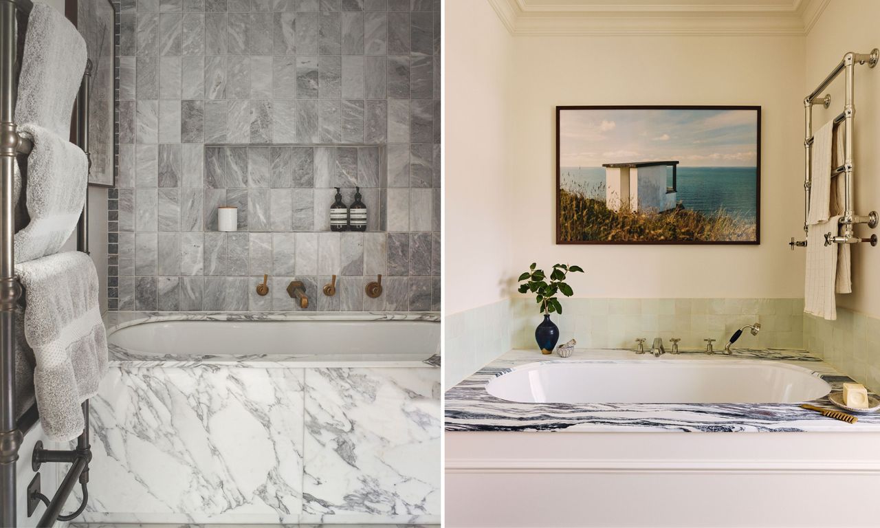 This side-by-side comparison features two elegant bathroom designs centered around luxurious built-in bathtubs. On the left, a textured aesthetic is achieved with a gray marble subway tile wall containing a recessed niche, complemented by a white marble tub surround with bold gray veining and antiqued brass fixtures. On the right, a more serene atmosphere is created with a tub featuring a dramatic, black-and-white marbled rim set against soft mint green square tiles and cream walls. This side is accented by a framed coastal landscape photograph and a polished chrome wall-mounted towel warmer, balancing classic charm with modern sophistication.