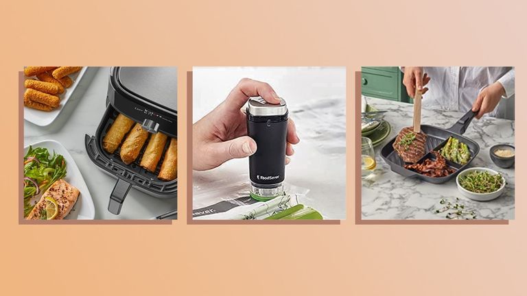 A collage of some of the best kitchen gadgets to buy in 2022, including an air fryer, vacuum sealer and a lazy pan