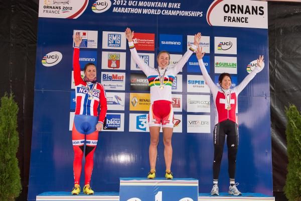Elite women's marathon Worlds podium: Gunn-Rita Dahle Flesjaa, Annika Langvad and Esther S&uuml;ss