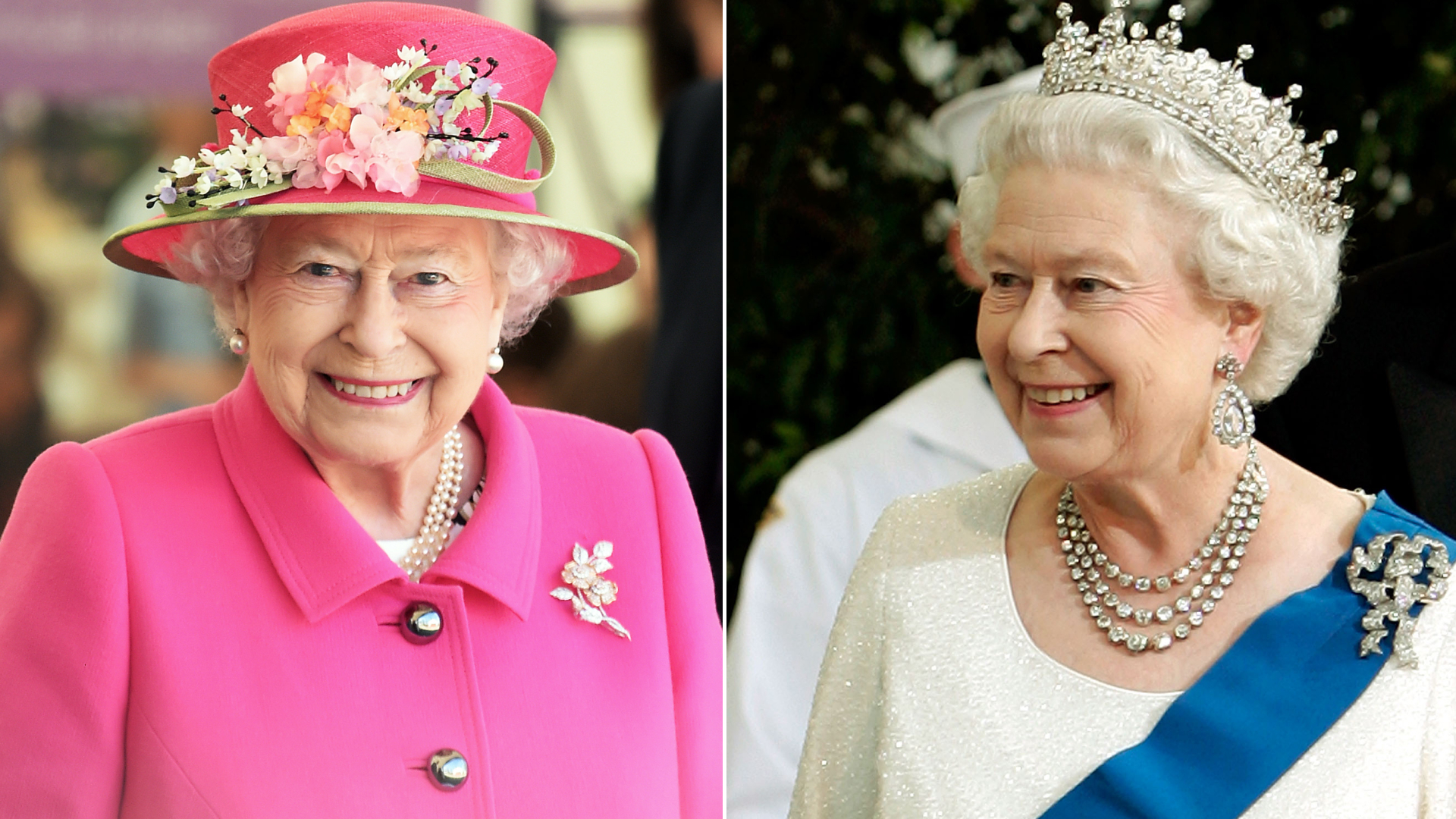 Queen Elizabeth wears a bright pink coat and matching hat adorned with flowers