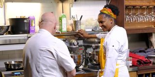tom colicchio and dawn burrell in the kitchen on top chef season 18
