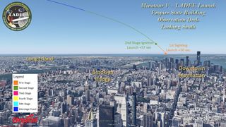 The potential view (weather permitting) from the top of the Empire State Building in New York City on launch night. Launch is not over populated areas.