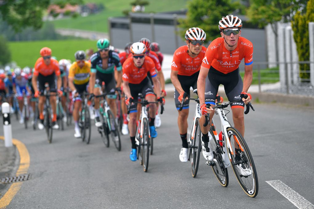 Brandon McNulty (Rally UHC) leads the peloton during stage 5 at Tour de Suisse