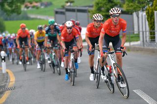 Brandon McNulty (Rally UHC) leads the peloton during stage 5 at Tour de Suisse