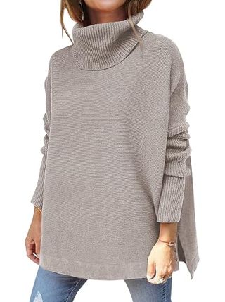 Hormtaer Women's Turtleneck Jumpers Casual Ladies Jumpers Sweaters Long Sleeve Pullover Loose Chunky Knitted Jumper Tops Cowl Neck Knitwear (grey, L)