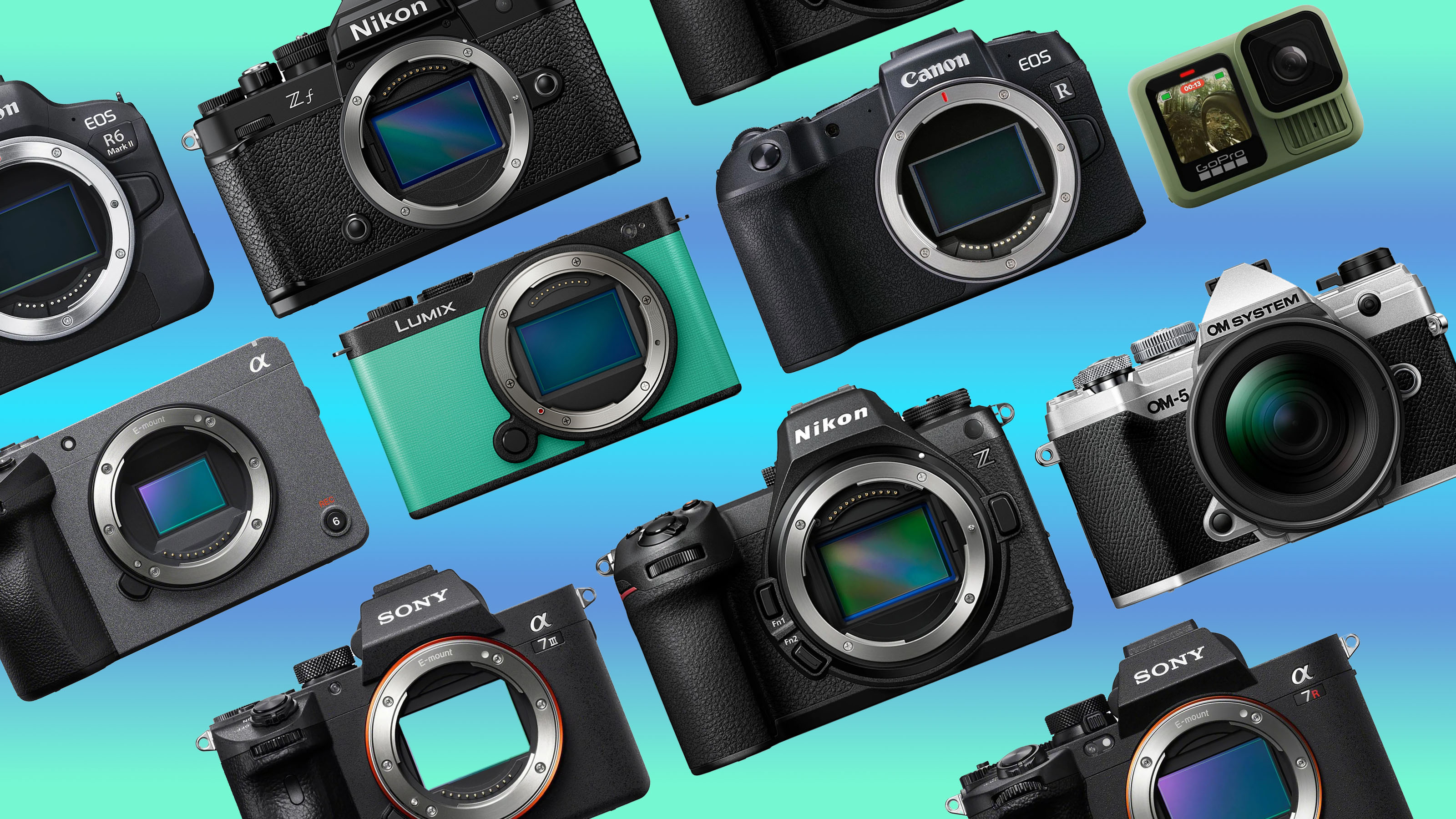 An assortment of cameras on a colorful background
