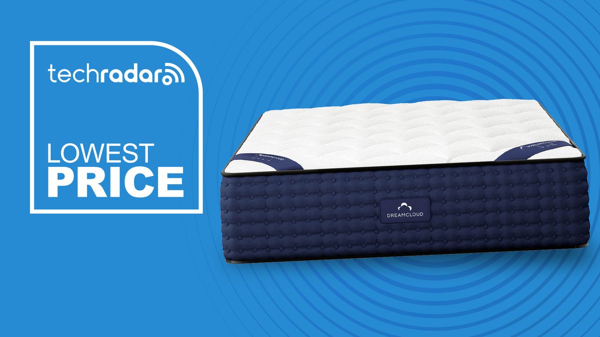 DreamCloud sales and deals, featuring a DreamCloud mattress against a blue background with a badge saying &quot;LOWEST PRICE&quot;