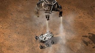 This illustration depicts the moment immediately after the Curiosity rover touches down on the Red Planet.