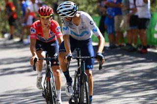 NAVACERRADA SPAIN SEPTEMBER 10 LR Remco Evenepoel of Belgium and Team QuickStep Alpha Vinyl Red Leader Jersey and Enric Mas Nicolau of Spain and Movistar Team compete during the 77th Tour of Spain 2022 Stage 20 a 181km stage from Moralzarzal to Puerto de Navacerrada 1851m LaVuelta22 WorldTour on September 10 2022 in Puerto de Navacerrada Spain Photo by Tim de WaeleGetty Images