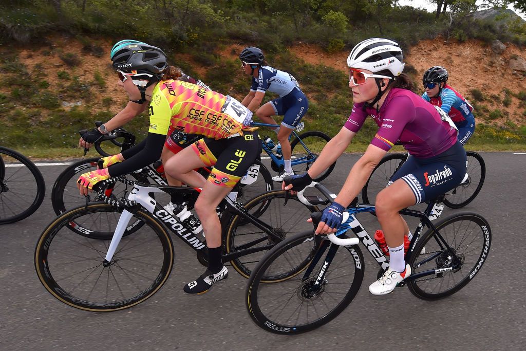 OJO GUAREA SPAIN MAY 22 Sophie Wright of United Kingdom and Ale Btc Ljubljana Team Elisa Longo Borghini of Italy and Team Trek Segafredo during the 6th Vuelta A Burgos Feminas 2021 Stage 3 a 1154km stage from Medina de Pomar to Complejo Krstico de Ojo Guarea 768m VueltaBurgos BurgosFem UCIWWT on May 22 2021 in Ojo Guarea Spain Photo by Luc ClaessenGetty Images