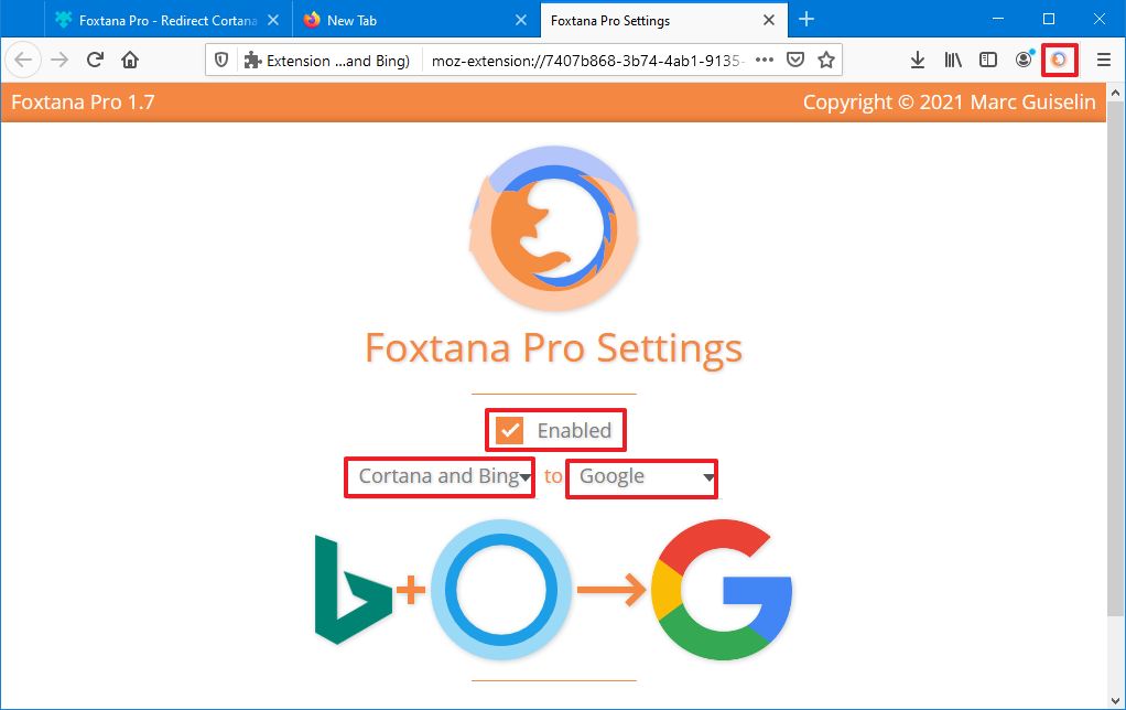 Foxtana Pro settings replace Bing in Windows Search