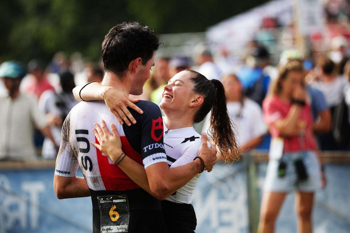Nicolas and Monique Halter celebrate joint victory as Switzerland win women's and men's U23 short course XCC titles at the Mountain bike world championships.(Picture by Alex Whitehead/SWpix.com)