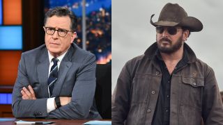 From left to right: Stpehen Colbert looking serious and crossing his arms and Cole Hauser wearing a cowboy hat and sunglasses.