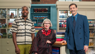 New host Kiell Smith-Bynoe (left) is pictured with judges Esme Young and Patrick Grant ahead of the 10th season of "The Great British Sewing Bee"