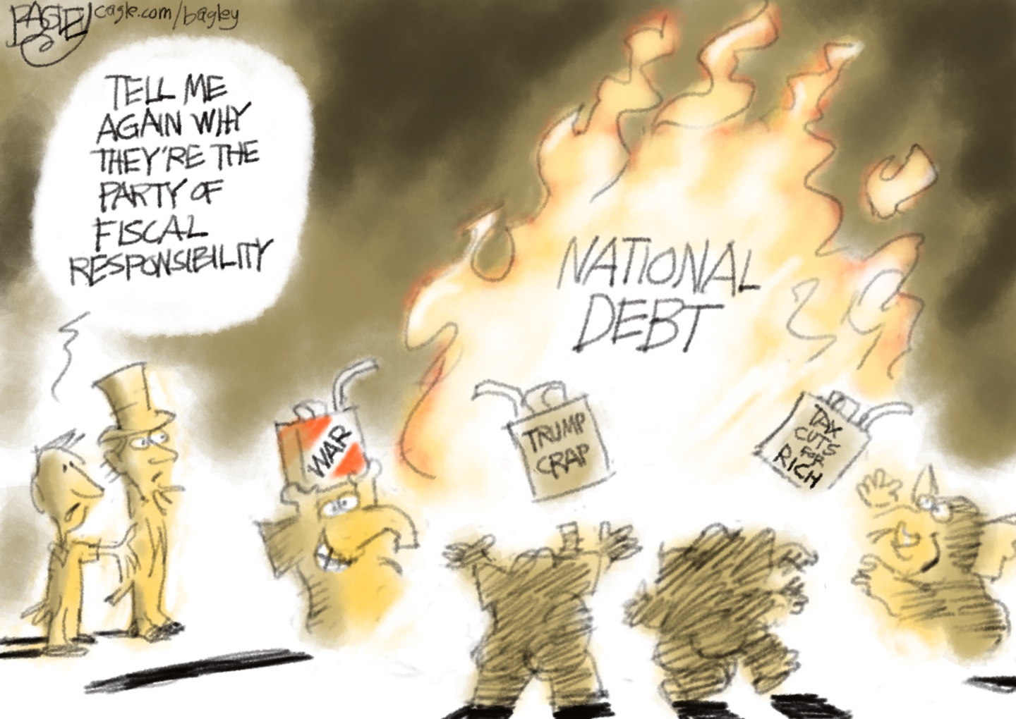 A man speaks to Uncle Sam as they watch four elephants happily dancing around a fire labeled &amp;ldquo;National Debt&amp;rdquo;. One of the elephants holds a gas can labeled &amp;ldquo;WAR&amp;rdquo;. The man watching asks Uncle Sam, &amp;ldquo;Tell me again why they&amp;rsquo;re the party of fiscal responsibility.&amp;rdquo;