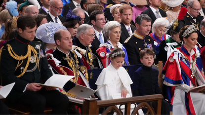 Princ William, The Prince of Wales, Princess Charlotte, Prince Louis and Catherine, Princess of Wales with the Duke of Sussex sat in the third row, at the coronation ceremony of King Charles III and Queen Camilla in Westminster Abbey, on May 6, 2023 in London, England. 