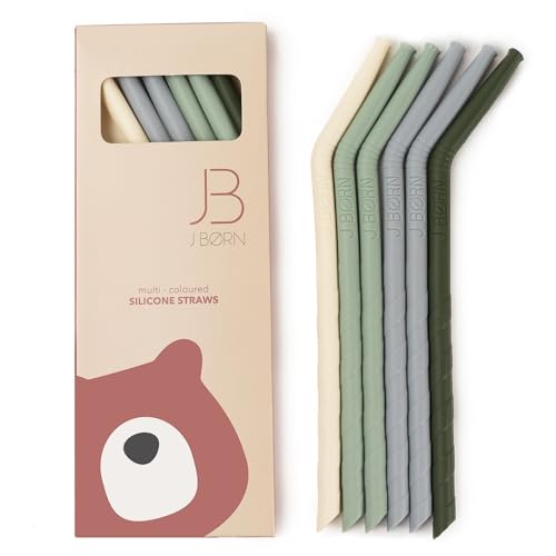 J.børn 6 Pcs Reusable Silicone Straws With 1 Cleaning Brush | 21cm Long 5.5mm Wide Bend Drinking Straws | Premium Food-Grade Silicone Straws | Soft Flexible Straw for Children & Elderly (green)
