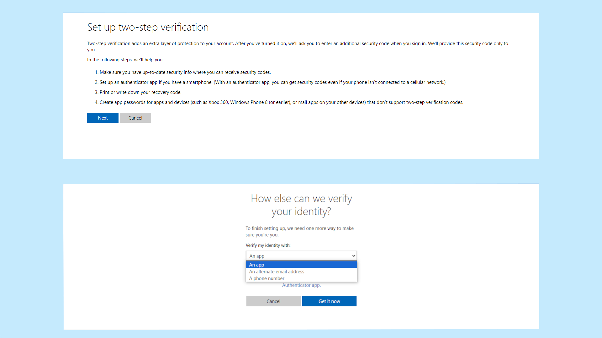 How to set up the 2FA options in Microsoft account