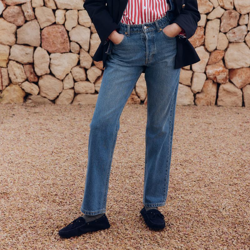 Straight jeans on model