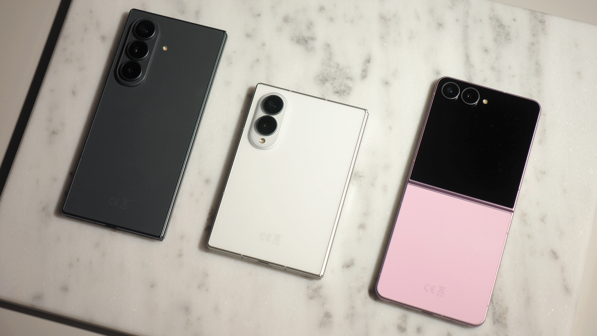 Samsung Galaxy Z Fold 8 Ultra (left), Z Fold 8 (middle), Z Flip 8 (right)