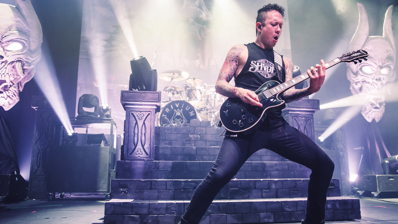 A photograph of Matt Heafy of Trivium on stage