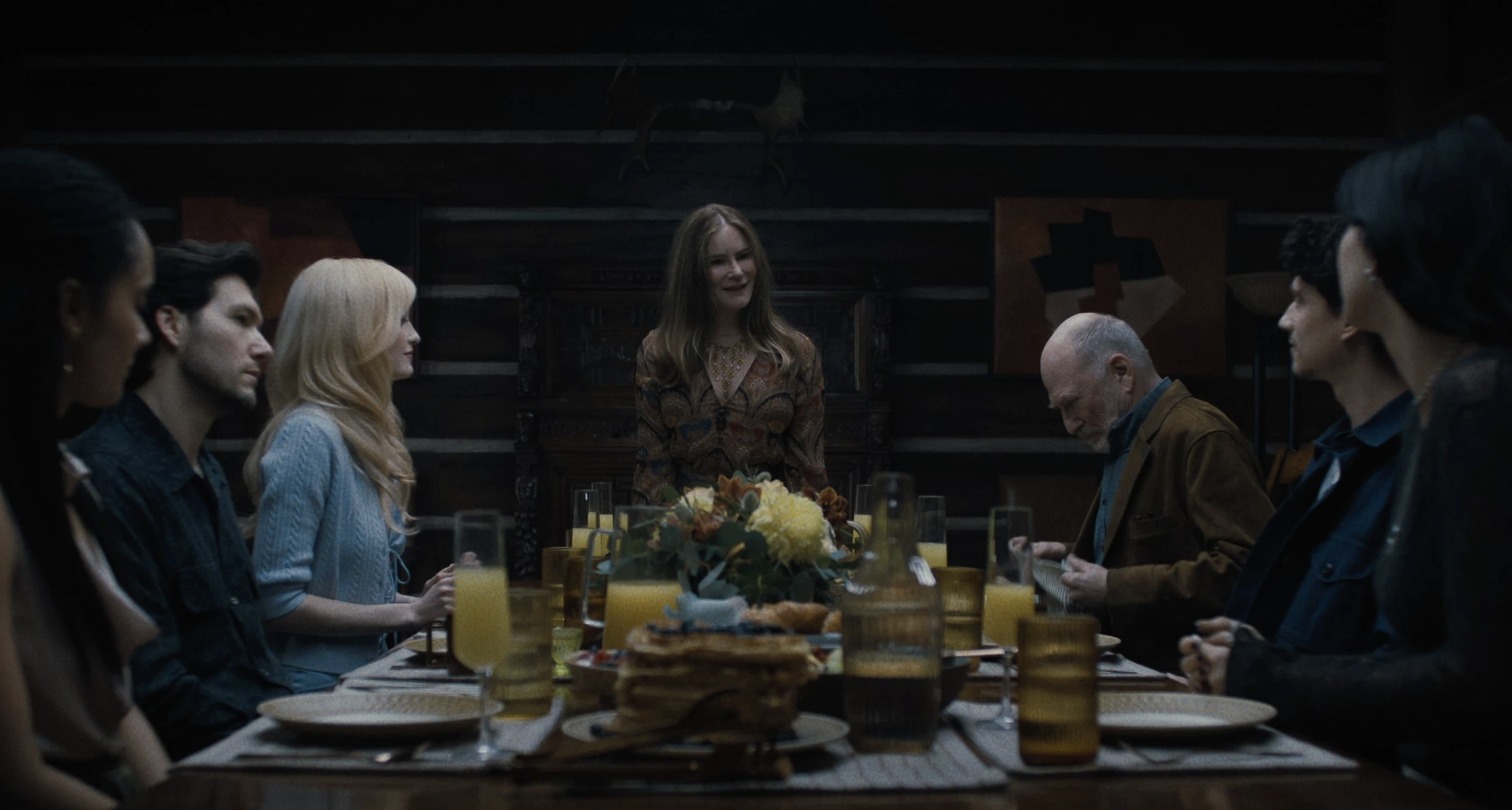 Karla Crome as Nell, Jeff Wilbusch as Jules, Gus Birney as Portia, Jennifer Jason Leigh as Victoria, Ted Levine as Boris, Adam DiMarco as Nicky Cunningham, Camila Morrone as Rachel Harkin in Something Very Bad Is Going to Happen
