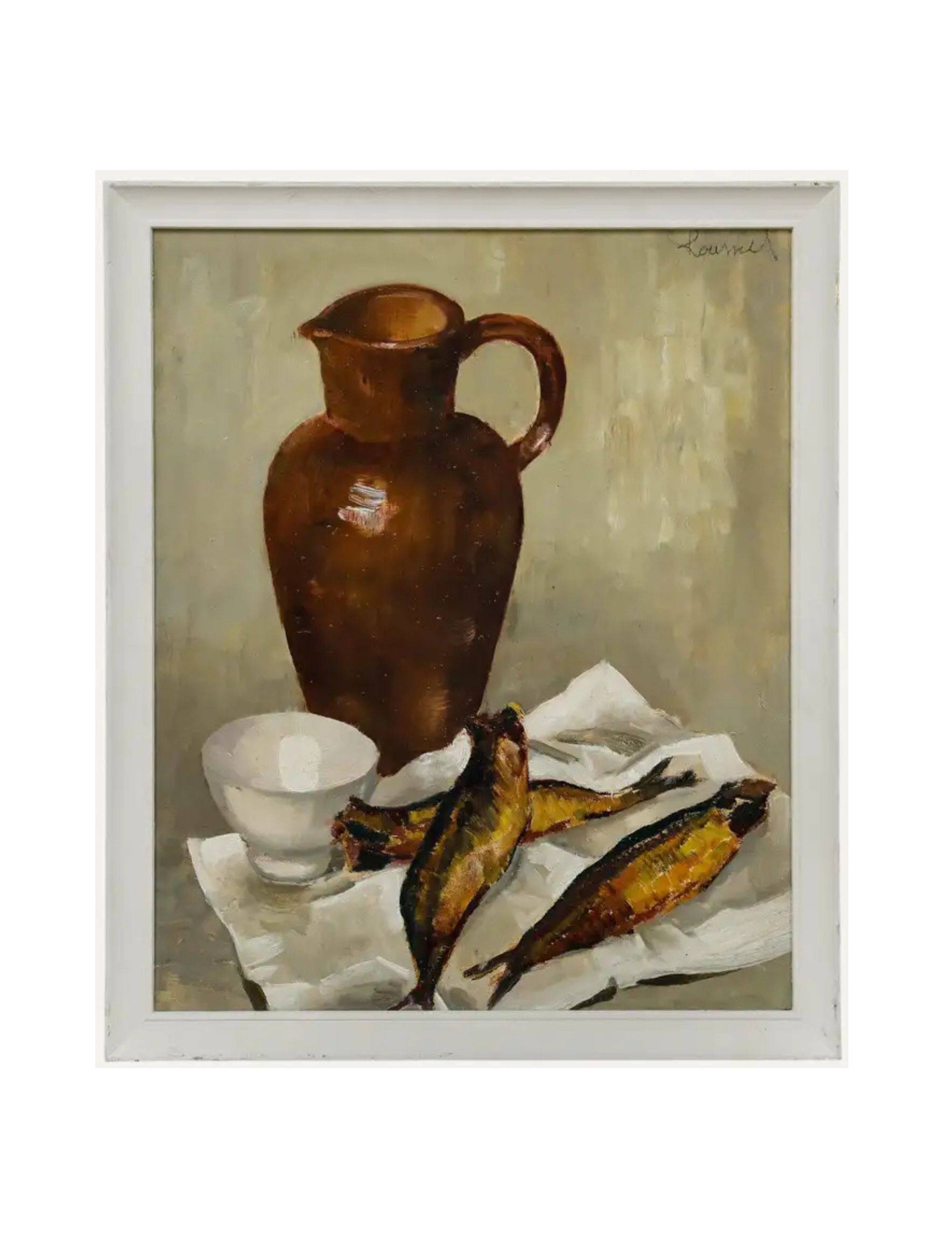 1st Dibs, L. Roussiel (1913-1963) - Mid 20th Century Oil, Still Life with Jug and Fish