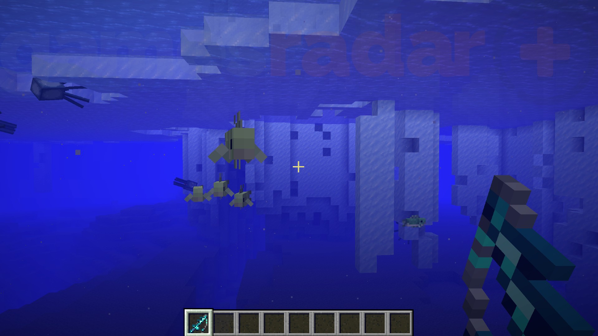 A player swims underwater with a diamond fishing rod in the Aquaculture 2 Minecraft mod.