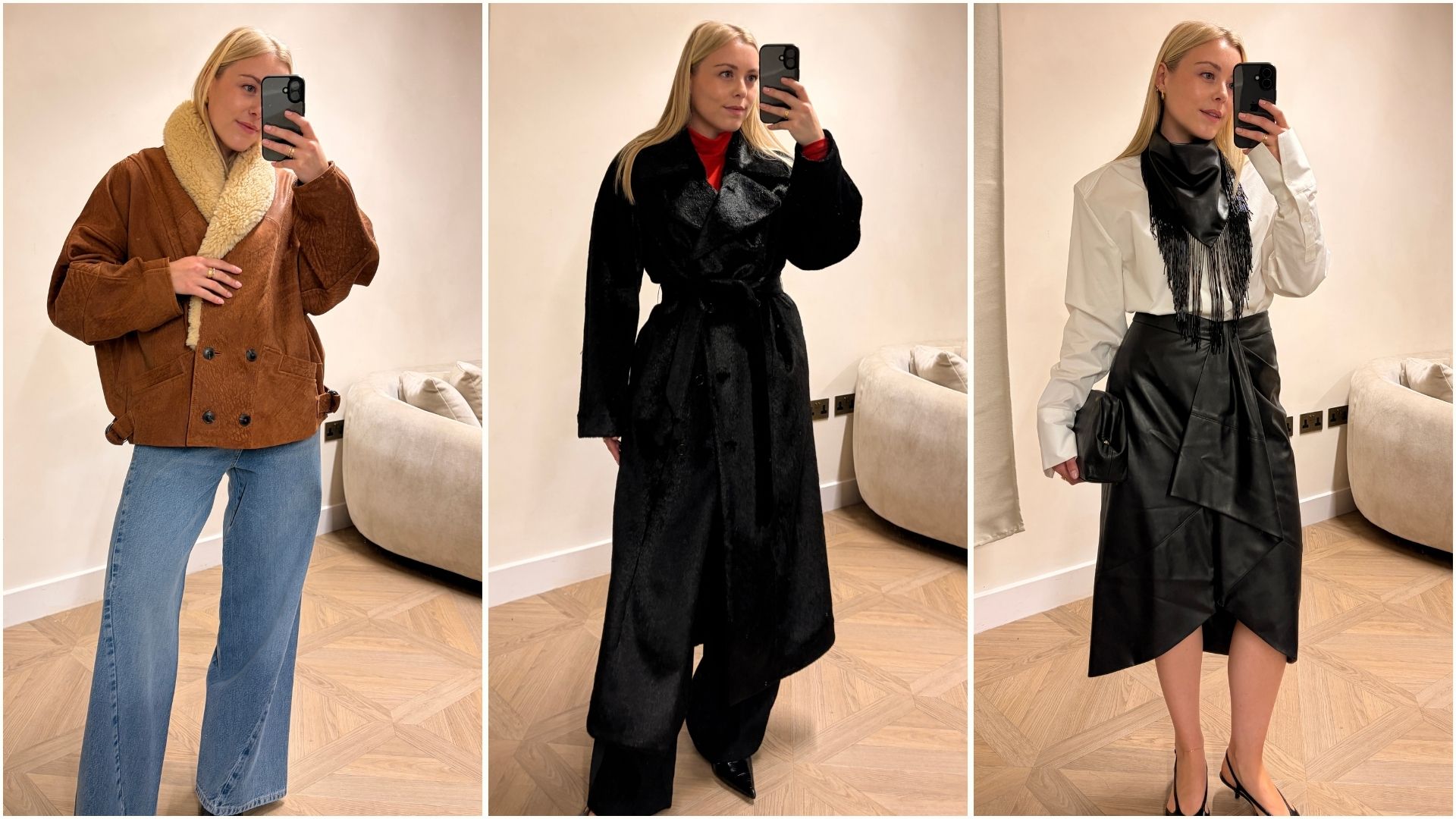 Woman wears aviator jacket and jeans; faux fur coat and black trousers; white shirt and leather skirt