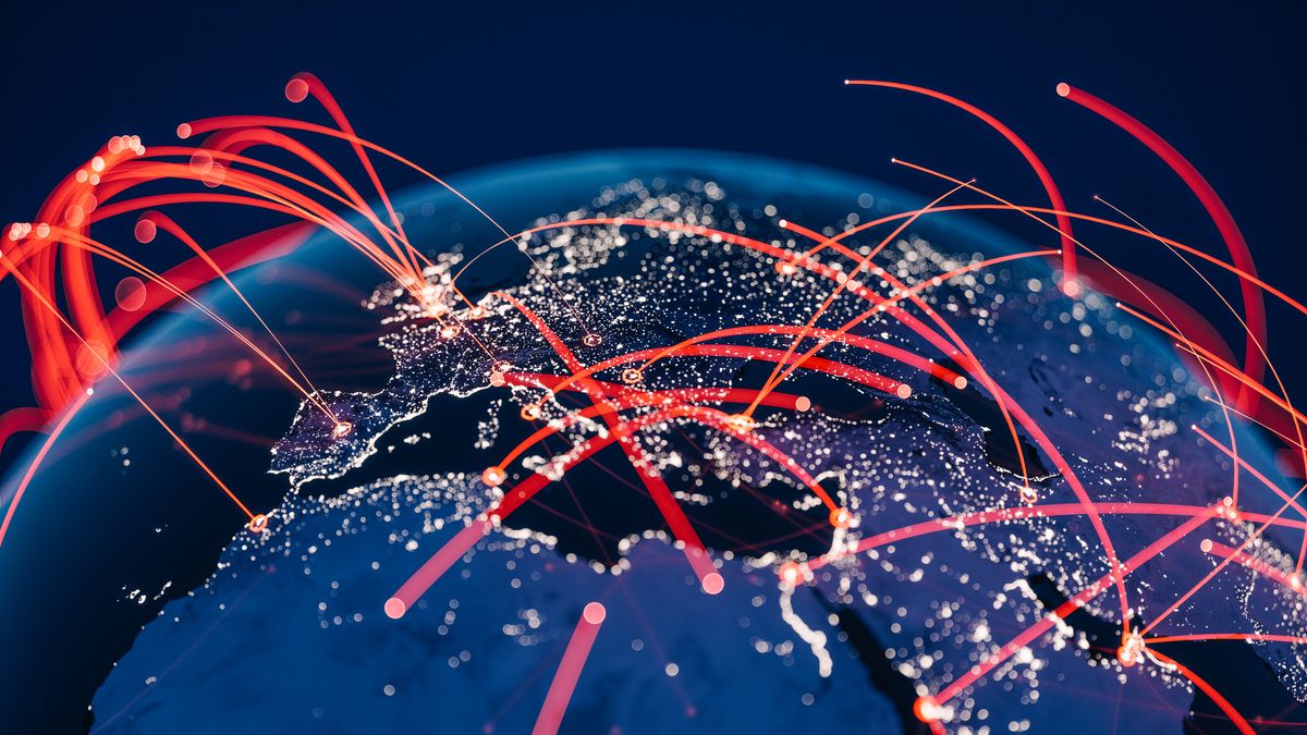 P2PInfect: A CGI render of Europe, North Africa, and the Middle East as viewed from space, with red light similar to fiber optic cables arcing up from points on the Earth (including from other unseen continents) to represent malware attacks.