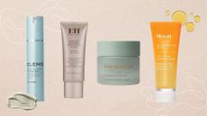 Four of the best face masks featured in this guide from (left to right) Elemis, Emma Hardie, Omorovicza and Murad, set against a beige background with two texture images and two fine line drawings