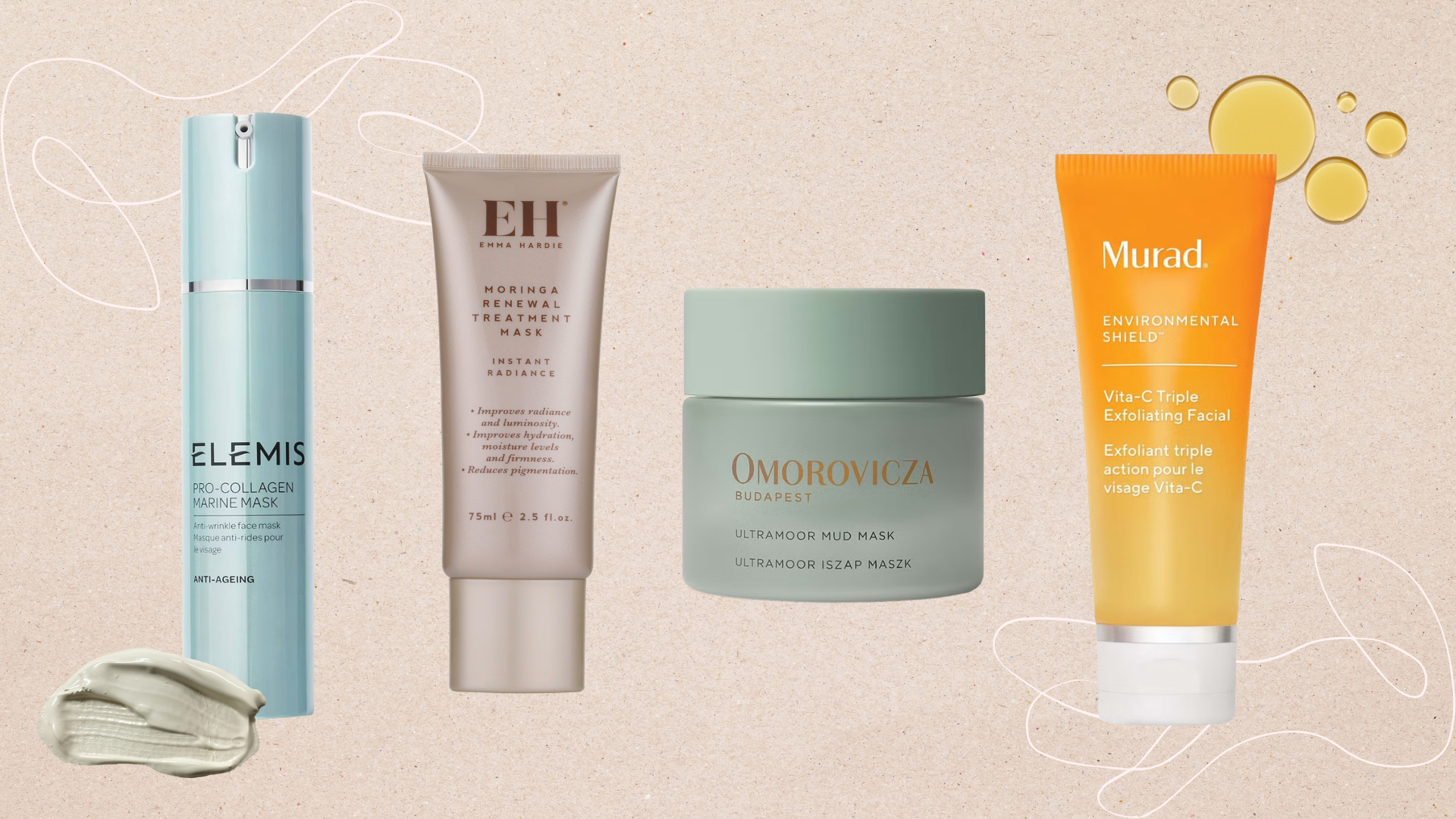 Four of the best face masks featured in this guide from (left to right) Elemis, Emma Hardie, Omorovicza and Murad, set against a beige background with two texture images and two fine line drawings