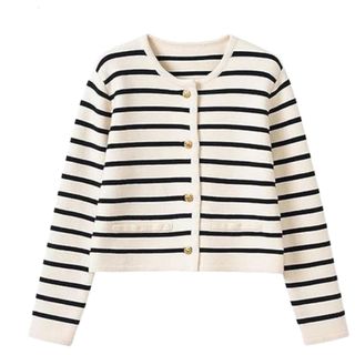 Lady Patch Pocket Cardigan, Women Stripe Knitted Cropped Gold Buttons Long Sleeve Round Neck Open Front Casual Sweater (one Size,black)