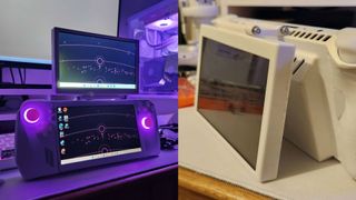 Two images of a custom-built external monitor mod for the Asus ROG Ally handheld gaming PC