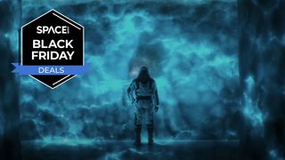 A man in a space suit looks on at a blue glow against a wall with the space.com logo in the top left corner.