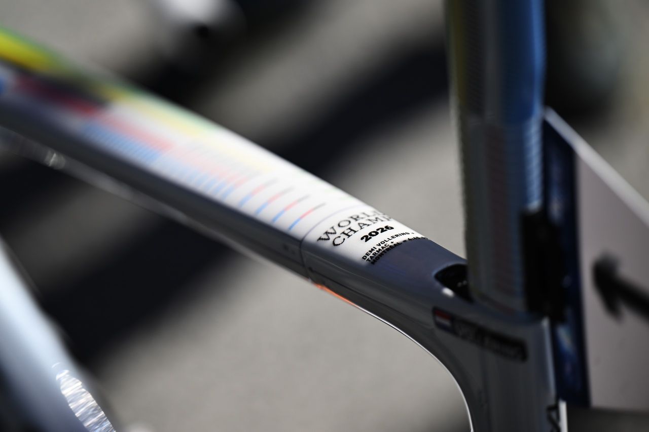 Detail view of the Demi Vollering and Team Netherlands custom World Champion bike prior to the 32nd UEC Road Cycling European Championships 2026