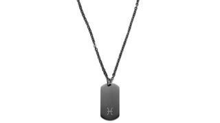 A black gunmetal steel tag necklace with an engraved pisces zodiac sign for the best personalized gifts.