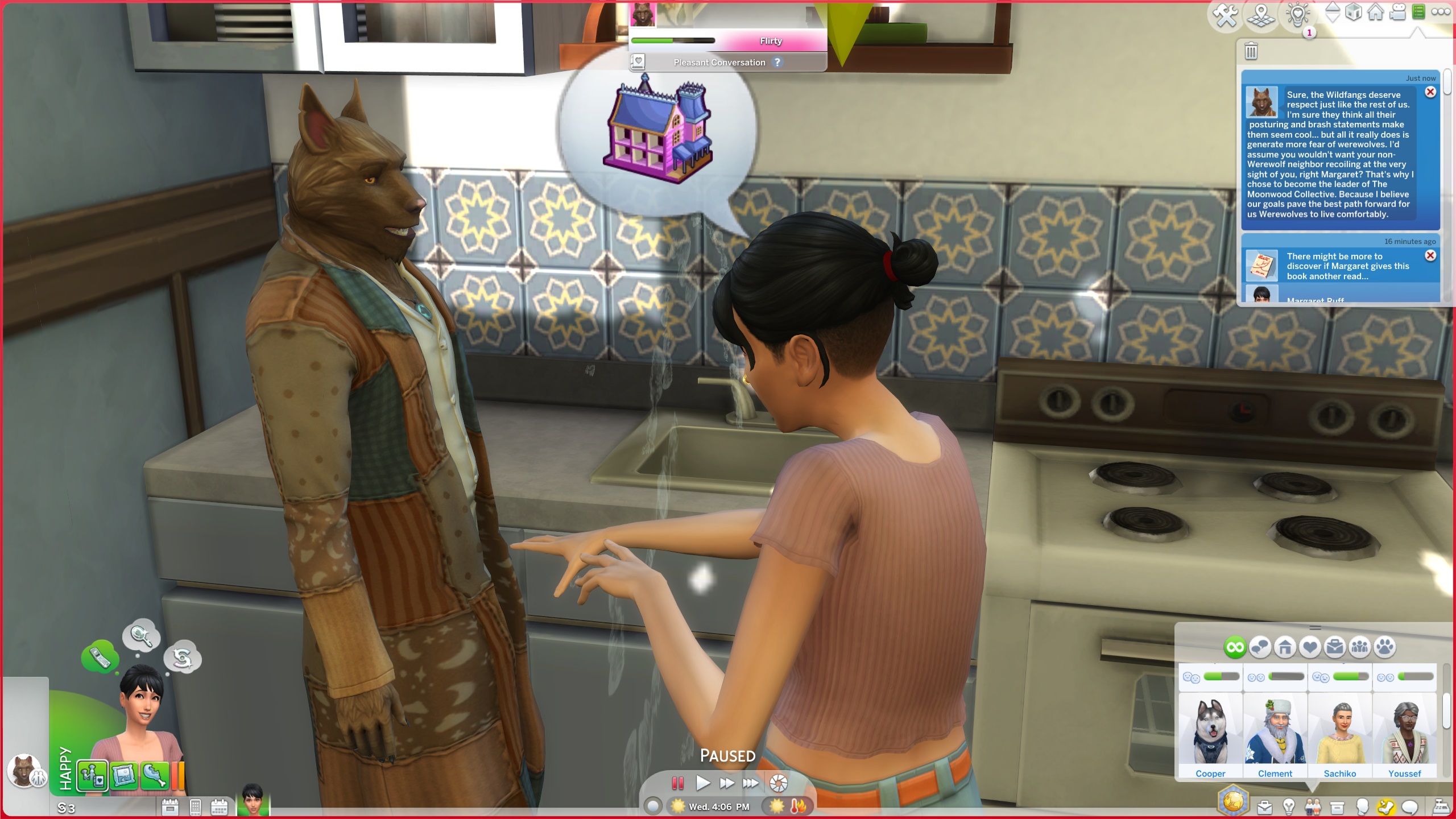 The Sims 4 Werewolves - A Sim talking with Kristopher the werewolf in a kitchen.