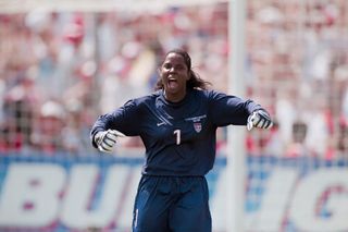 Briana Scurry #1 of the USA reacts after making a save during the penalty shot tie breaker of the 1999 FIFA Women's World Cup final played against China on July 10, 1999 at the Rose Bowl in Pasadena, California. (Photo by David Madison/Getty Images)