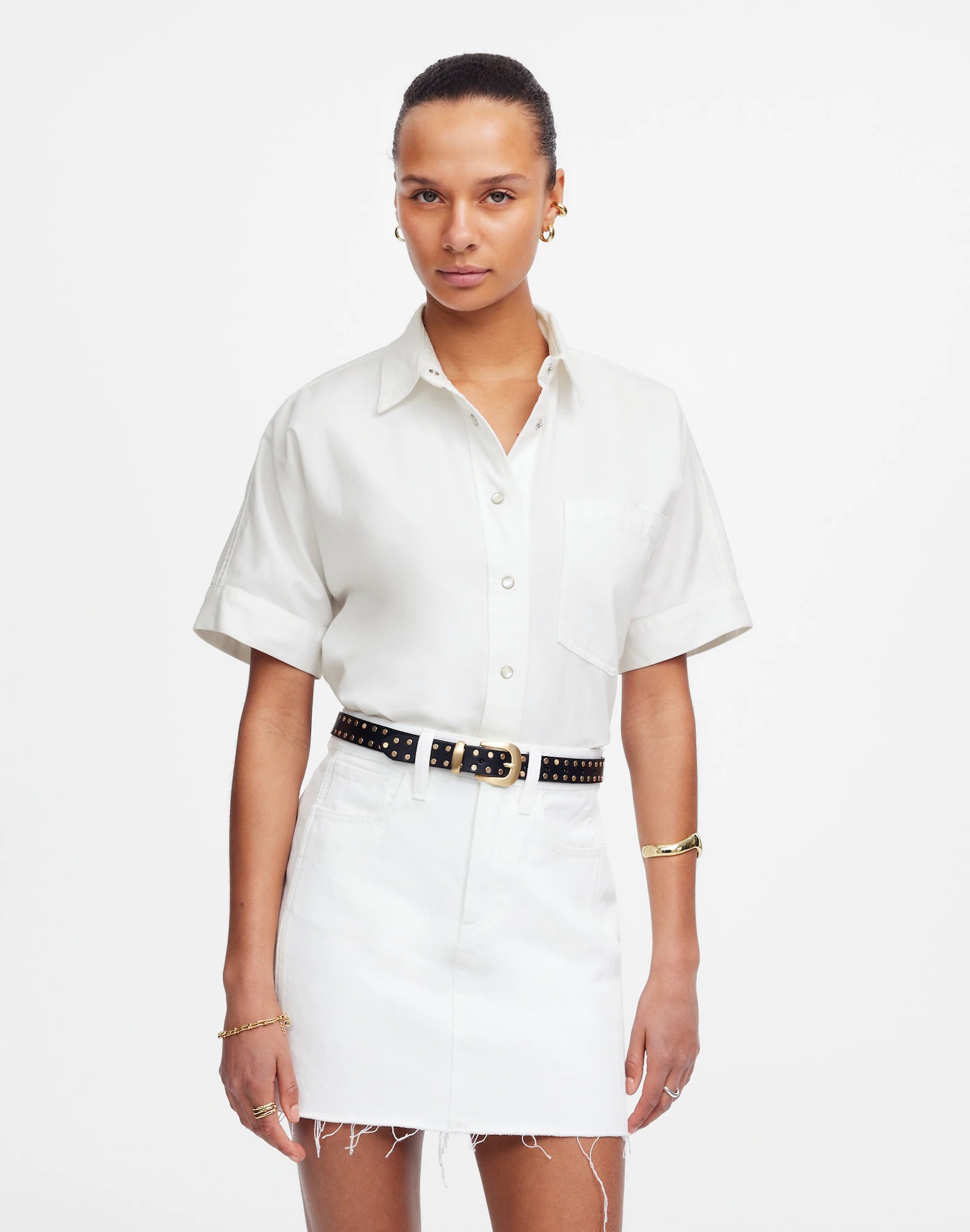 Denim Short-Sleeve Shirt in Pure White