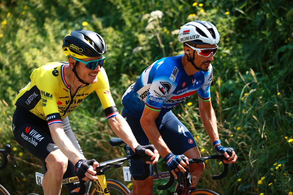 SAN SEBASTIAN SPAIN AUGUST 10 LR Dylan Van Baarle of The Netherlands and Team Visma Lease a Bike and Julian Alaphilippe of France and Team Soudal QuickStep compete during the 44th Donostia San Sebastian Klasikoa 2024 a 236km one day race from San Sebastian to San Sebastian UCIWT on August 10 2024 in San Sebastian Spain Photo by Gonzalo Arroyo MorenoGetty Images